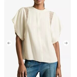 NWOT Women’s Reiss Harlowe Lace-Insert Woven T-Shirt in Cream SZ 4
